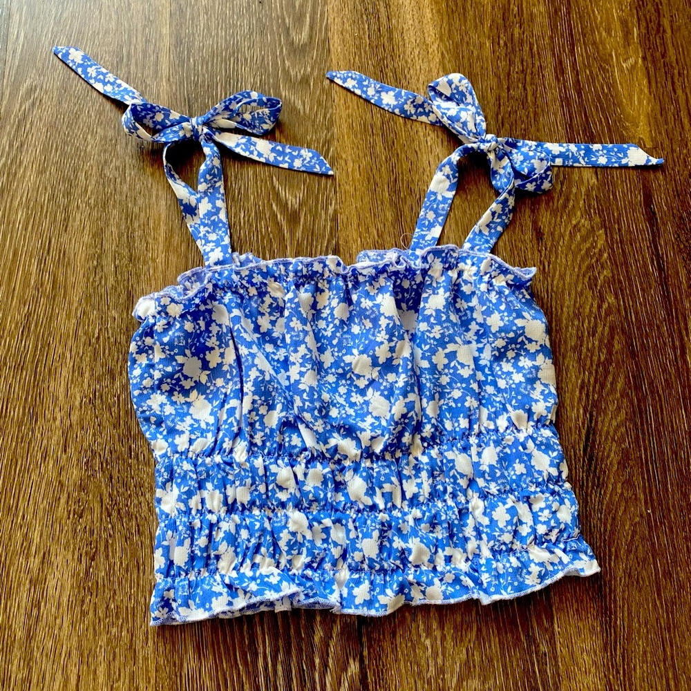 Blue and White Floral Tank/Crop Top - M